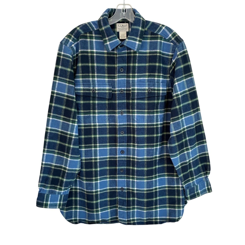 LL Bean Chamois Shirt Mens M Tall Blue Green Plaid Heavy Flannel 277982